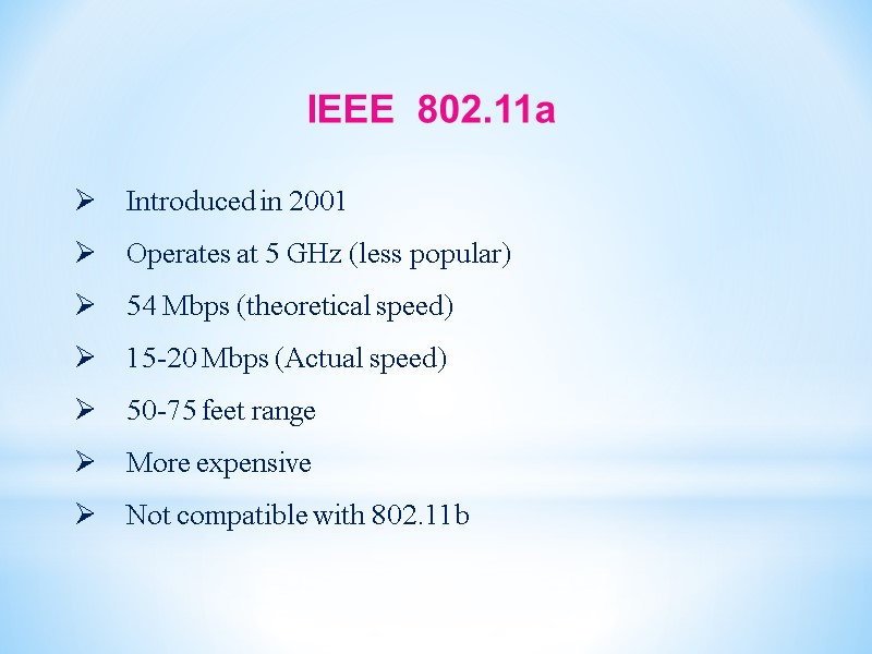 IEEE  802.11a     Introduced in 2001    